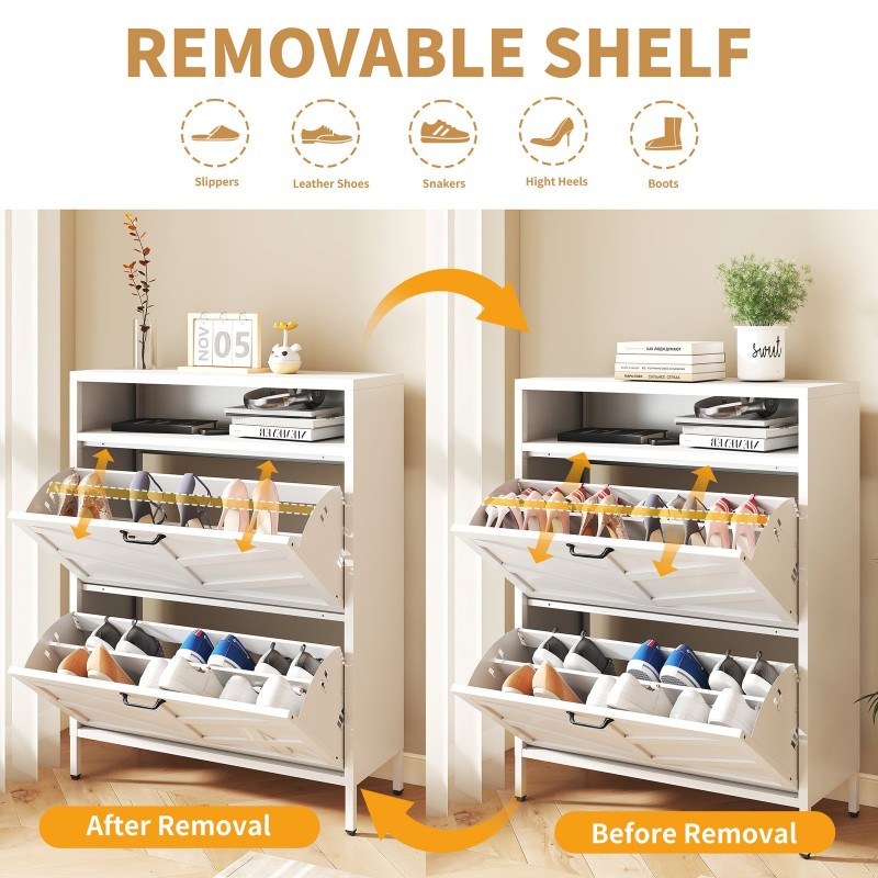 Metal Shoe Cabinet White - 2 Flip Drawers  Open Storage Layer Rack, Slim 11.8 D Freestanding Steel Shoe Organizer, Anti-Tip Hidden Entryway Shoe Rack