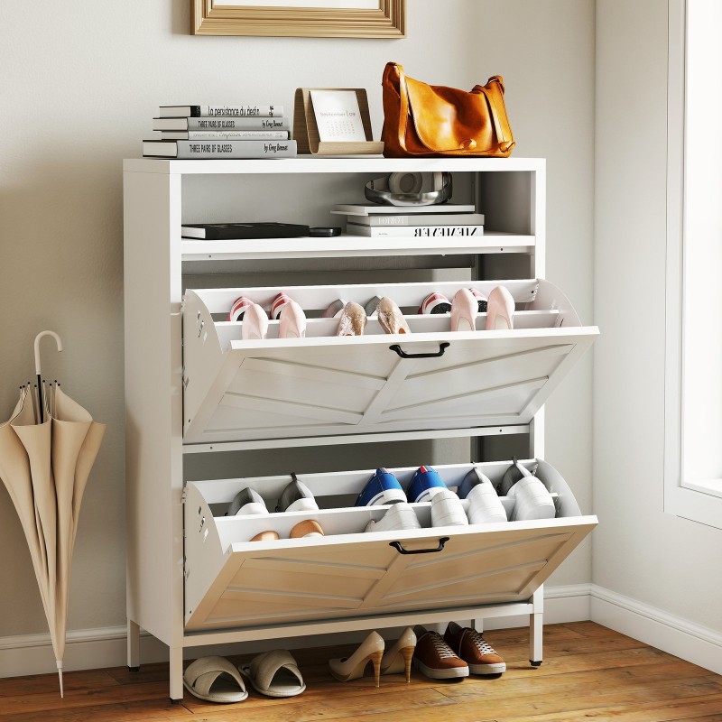 Metal Shoe Cabinet White - 2 Flip Drawers  Open St...