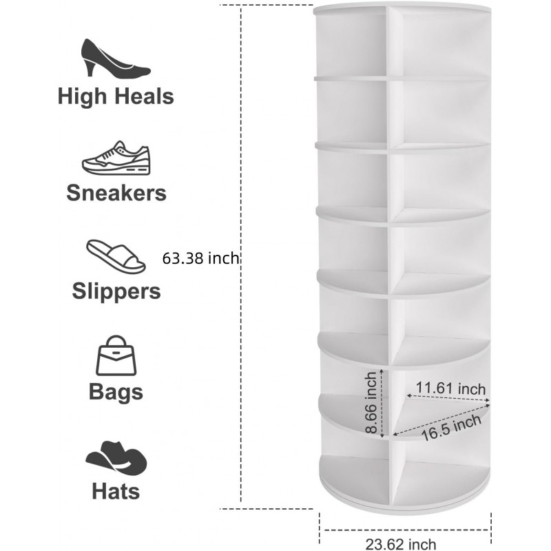 7 Tier Rotating Shoe Rack Tower, Spinning Shoe Display, 360 Shoe Rack Storage Round Carousel, Vertical Handbag Rotate Shoes Closet Organization WHITE