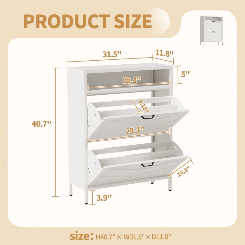 Metal Shoe Cabinet White - 2 Flip Drawers  Open Storage Layer Rack, Slim 11.8 D Freestanding Steel Shoe Organizer, Anti-Tip Hidden Entryway Shoe Rack